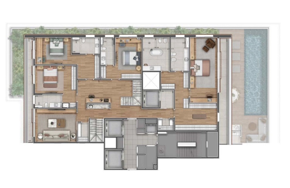 Planta do pavimento superior da casa suspensa (penthouse) de 654m².